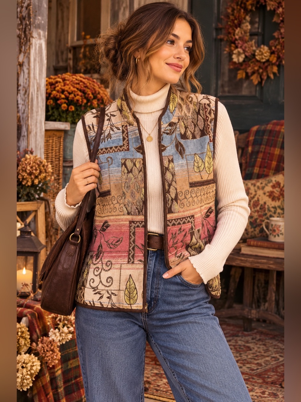 Alfred Dunner Petite 12P Tapestry Vest Grandmacore Cottagecore Patchwork Fall